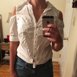 Button up, bottom knot blouse w/ shoulder cut outs